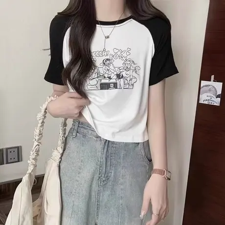 美式ins潮牌短袖T恤女夏装纯棉修身短款打底小衫拼色插肩袖上衣服图片