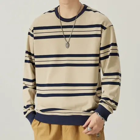 秋天高级感条纹圆领卫衣春秋款男士痞帅撞色长袖上衣秋季男士秋装商品大图