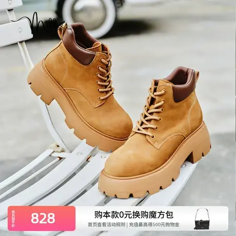 妙丽女鞋冬新款大黄靴百搭马丁靴女粗跟短靴D9198DD3图片