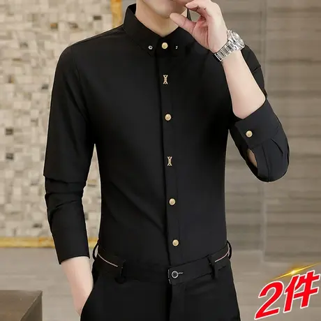 黑色衬衫男款长袖职业免烫商务休闲正装男士结婚西装白衬衣春秋装商品大图