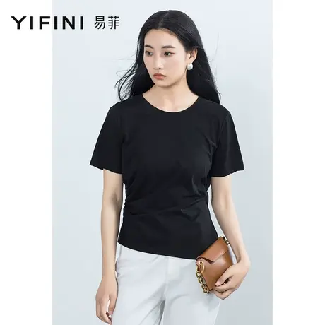 Yifini/易菲黑色收腰设计感短袖圆领T恤女2023夏季新款修身显瘦商品大图