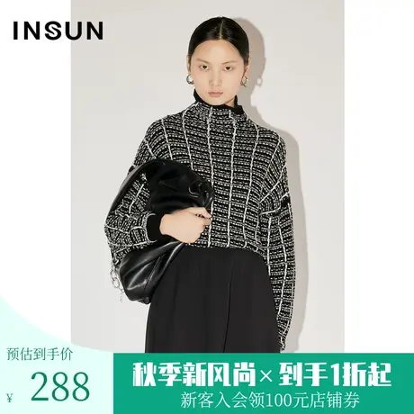 恩裳COVER初冬2022时尚休闲格纹小香风高领宽松慵懒风毛织衫商品大图