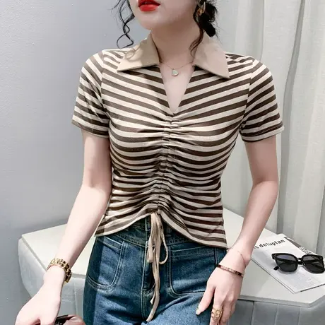 时尚抽绳条纹T恤女短袖2023夏季新款流行POLO领上衣高腰短款小衫商品大图
