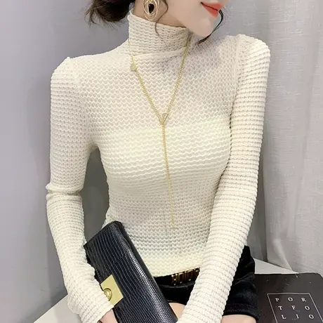 高领打底衫女春秋2023新款修身洋气蕾丝衫女长袖显瘦紧身内搭上衣商品大图
