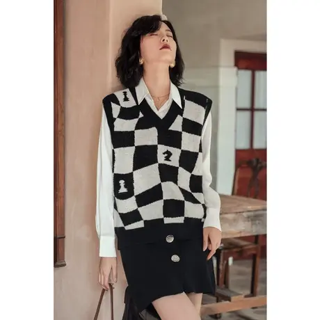 弥古棋盘格针织马甲女春秋复古格子毛线马夹背心高级感叠穿小坎肩商品大图