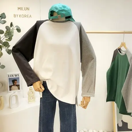 小众设计感撞色T恤2021早秋款韩国东大门宽松长袖上衣高品质大码图片