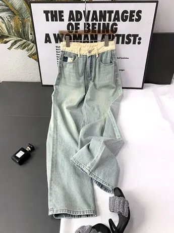 韩版腰头撞色牛仔阔腿裤女2023新款夏季薄款高腰宽松直筒裤长裤潮图片