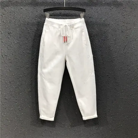 白色老爹裤九分裤女春夏新款休闲个性百搭松紧腰宽松显瘦哈伦垮裤图片