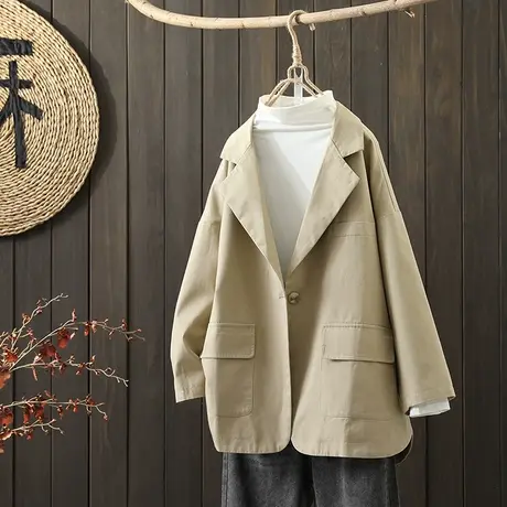 枫谜2021年秋装文艺韩版全棉一粒扣小西装女宽松休闲外套短风衣图片
