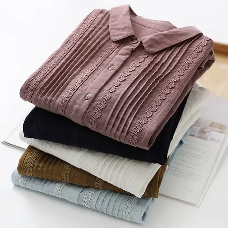 春秋新款日系文艺风琴压褶蕾丝花边双层纱纯棉衬衫女宽松百搭上衣图片