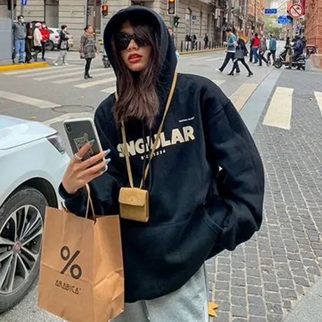 美式复古卫衣女秋冬宽松韩版ins连帽上衣设计感小众加绒加厚外套商品大图