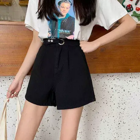 黑色毛呢短裤女早春小个子高腰阔腿裤2023新款冬季外穿休闲靴裤子商品大图