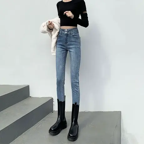 秋冬加绒配靴子的牛仔裤女2023新款小个子八分紧身小脚铅笔裤显瘦图片