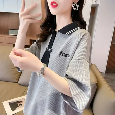 小众设计感短袖t恤女夏季韩版宽松美式华夫格翻领polo衫上衣服潮商品大图