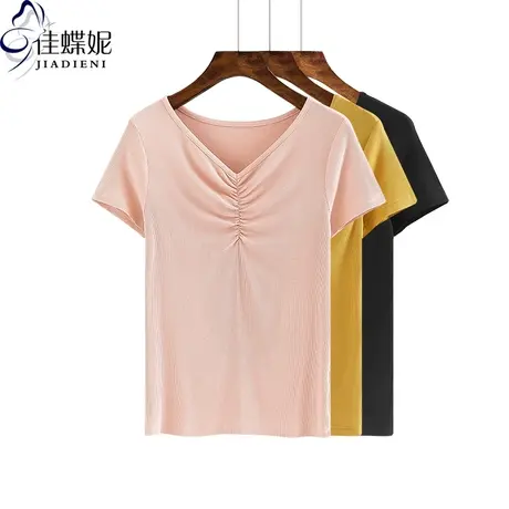 夏季新款纯棉V领修身褶皱短袖上衣体恤打底衫纯色韩版女装内搭T恤图片