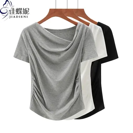 夏季新款韩版斜领纯白修身显瘦纯色褶皱短袖体恤上衣内搭打底女装商品大图