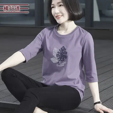 圆领宽松五分袖珠片绣花韩版妈妈大码纯色T恤2023新款秋季女上衣商品大图