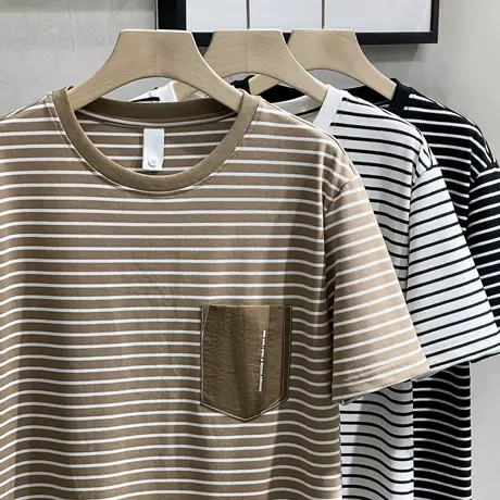 条纹t恤男潮牌ins简约口袋海魂衫男装打底衫男士短袖2023新款潮流商品大图