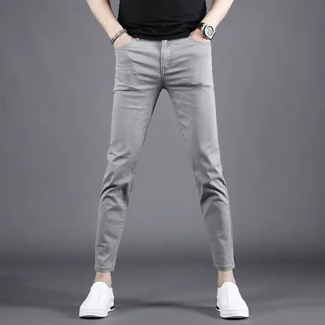 秋冬款九分牛仔裤男灰色简约潮牌小脚加绒弹力男士休闲裤2023新款商品大图