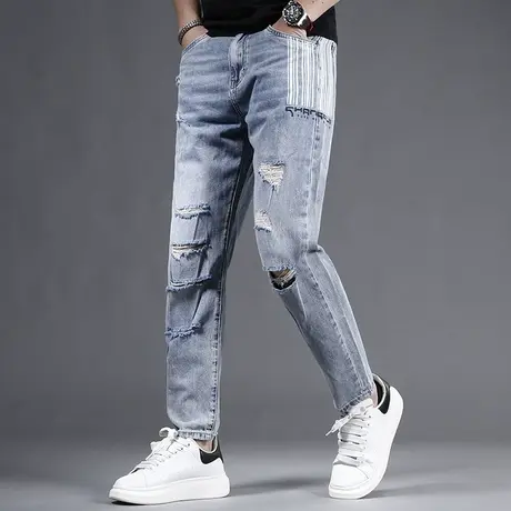 痞帅破洞牛仔裤男潮牌宽松小直筒夏季薄款2023新款男士裤子九分裤商品大图