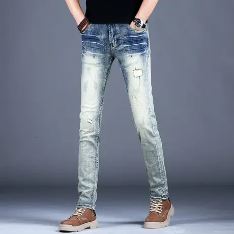 复古洗水做旧牛仔裤男夏季新款2023裤子美式高街潮牌男款修身小脚图片