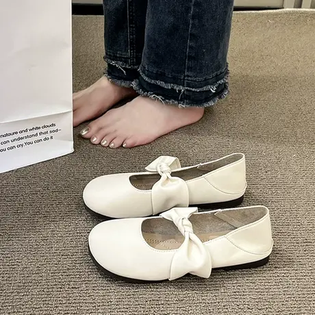 时尚玛丽珍单鞋子女夏2023年春秋季新款蝴蝶结奶奶软底豆豆开车鞋商品大图