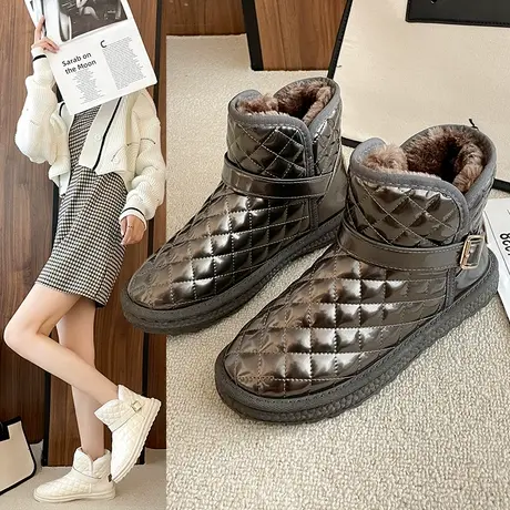 棉鞋女冬季2023新款韩版百搭平底防水皮面短靴加绒保暖雪地靴亮面图片