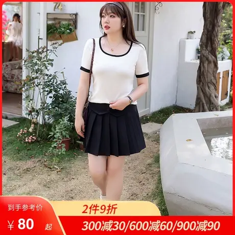 大码方领短袖T恤针织上衣女2023年夏季新款宽松遮肉显瘦胖MM妹妹商品大图