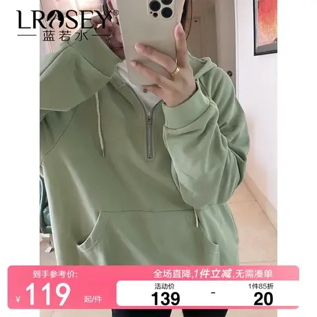 蓝若水大码女装半拉链连帽卫衣春季新款慵懒宽松胖MM休闲遮肉上衣商品大图