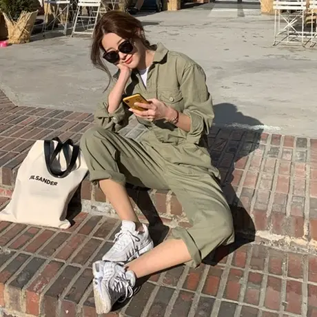工装连体裤女春夏装新款韩版长袖高腰显瘦宽松大码学生连体套装潮商品大图