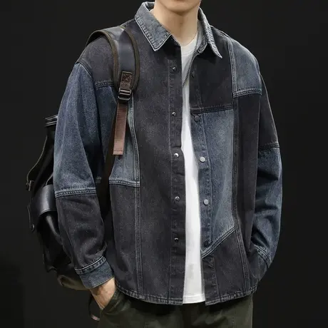 蓝黑拼接潮牌男款衬衣外套男士春秋上衣牛仔衬衫男长袖2024新款图片