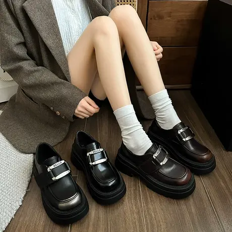 复古英伦风小皮鞋女2024年新款法式粗跟单鞋小个子厚底增高乐福鞋图片