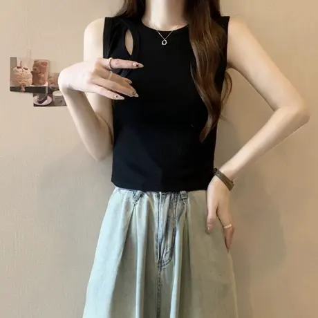 黑色镂空背心吊带女夏季韩版修身显瘦百搭设计感小众短款无袖上衣图片