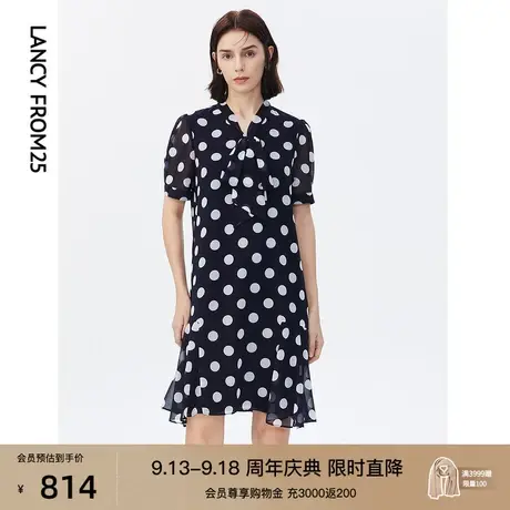 朗姿法式波点印花裙气质泡泡袖蝴蝶结飘带领连衣裙女夏季新款裙子图片