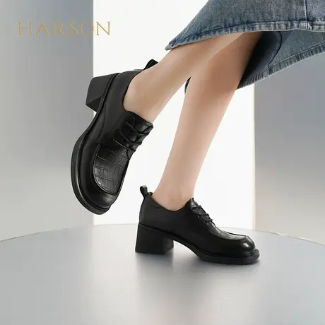 哈森春秋新款潮酷压纹皮小皮鞋系带深口单鞋黑色软皮女鞋HL237705图片