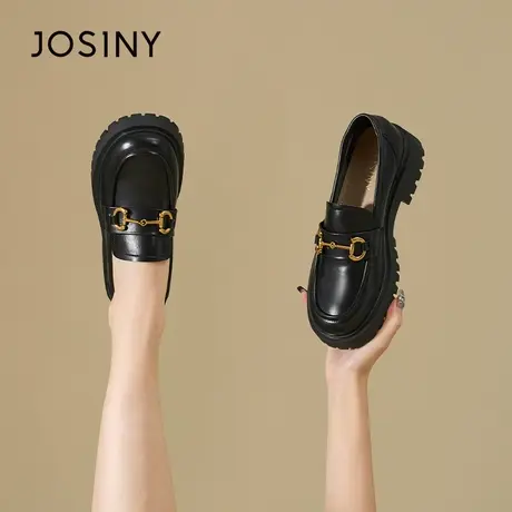 Josiny/卓诗尼黑色乐福鞋女2023年新款夏季粗跟平底英伦风小皮鞋商品大图