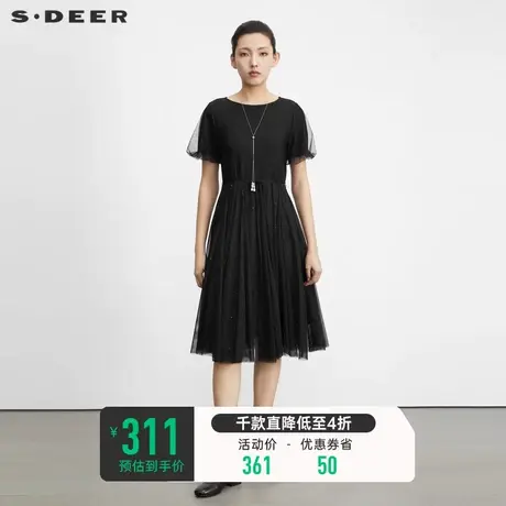 sdeer圣迪奥2023女新款圆领收腰网纱泡泡袖黑色连衣裙夏S23261209图片