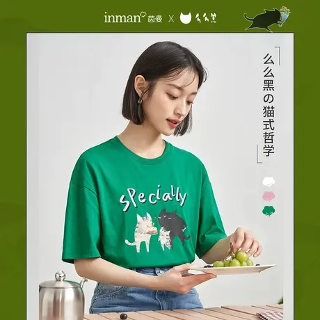 茵曼∣么么黑联名系列喵趣印花短袖T恤女士2023夏季新款BF风上衣商品大图