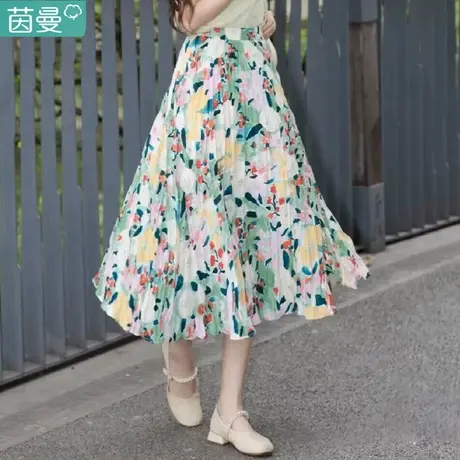 茵曼复古小碎花裙女士2023年夏季新款松紧腰显瘦气质开叉半身裙子图片