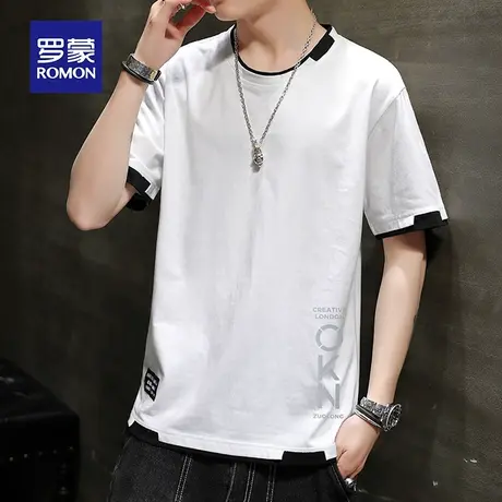罗蒙男士纯棉短袖T恤夏季薄款假两件圆领印花休闲男装衣服冰丝体商品大图