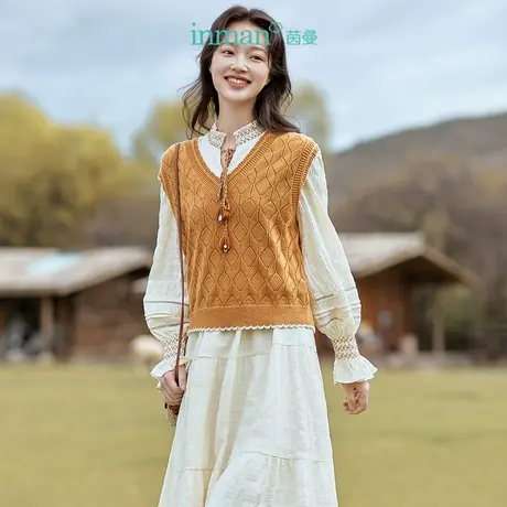 茵曼套头毛衣2023秋女装新款桃心领正肩无袖宽松百搭叠穿背心上衣商品大图
