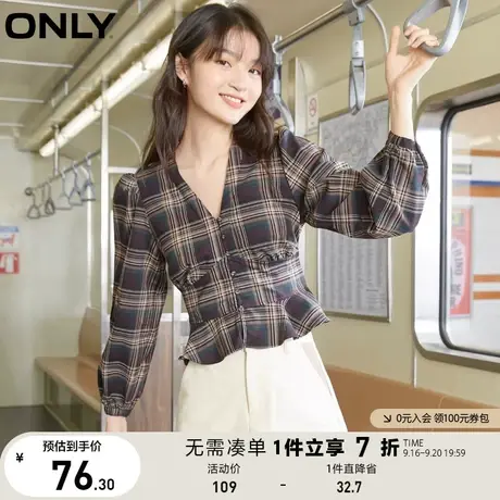 【买5免1】ONLY奥莱夏季长袖V领泡泡袖系带收腰格子衬衫女商品大图
