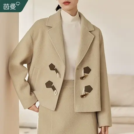 茵曼法式复古羊毛呢外套女2023冬季新款高级感牛角扣上衣短款大衣图片