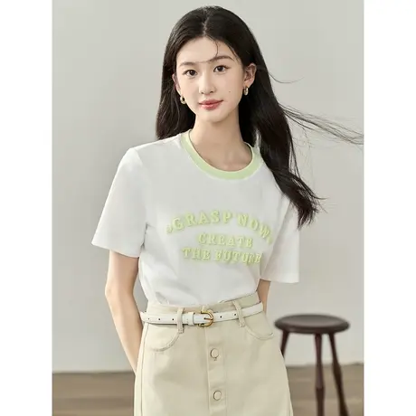 【商场同款】茵曼休闲T恤2023夏女装新款撞色圆领绣花短袖上衣图片