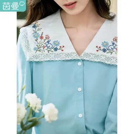 茵曼浅蓝衬衫女春季2023新款文艺刺绣撞色花边翻领宽松舒适衬衣服商品大图