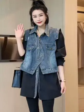 2023年早秋新款欧货女装设计感撞色牛仔拼接假两件长袖衬衫上衣潮商品大图