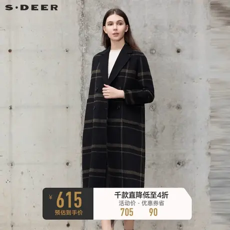 sdeer圣迪奥秋冬翻领格纹双排扣长款毛呢大衣女S21461811图片