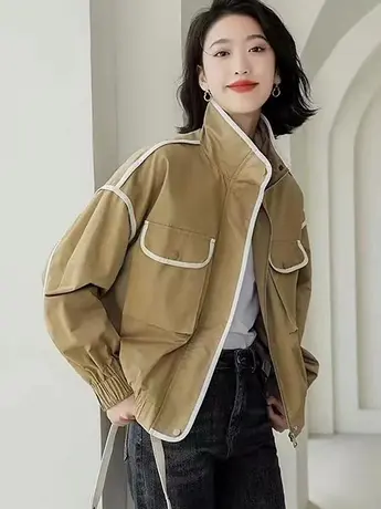 欧货立领拼色拉链开衫工装夹克上衣女秋季2023宽松休闲时尚短外套商品大图