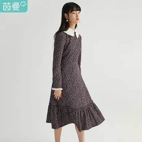 【商场同款】茵曼2021秋季新款女撞色娃娃领碎花棉质长袖连衣裙商品大图