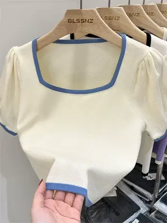 方领针织衫女短袖夏季2023新款撞色独特别致修身短款上衣打底衫女商品大图